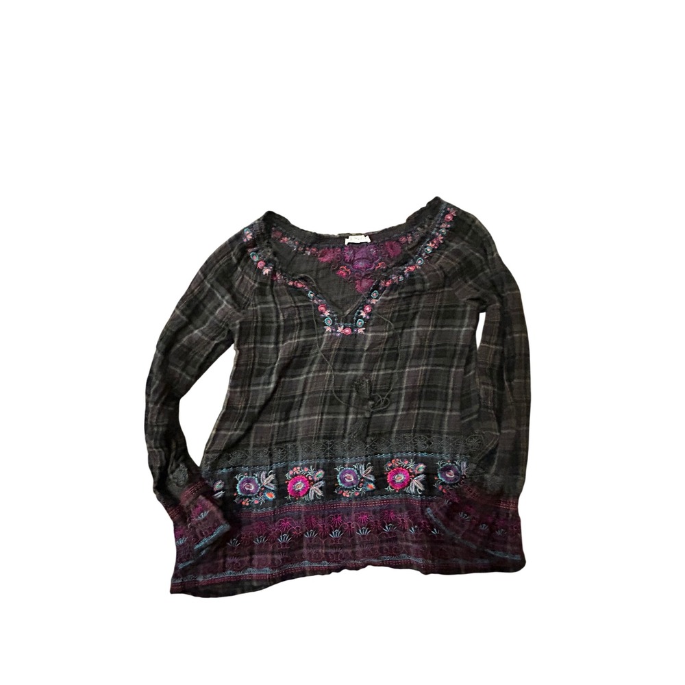 3J Workshop Johnny Was Plaid Embroidered Boho Peasant Blouse Tassels Gray M